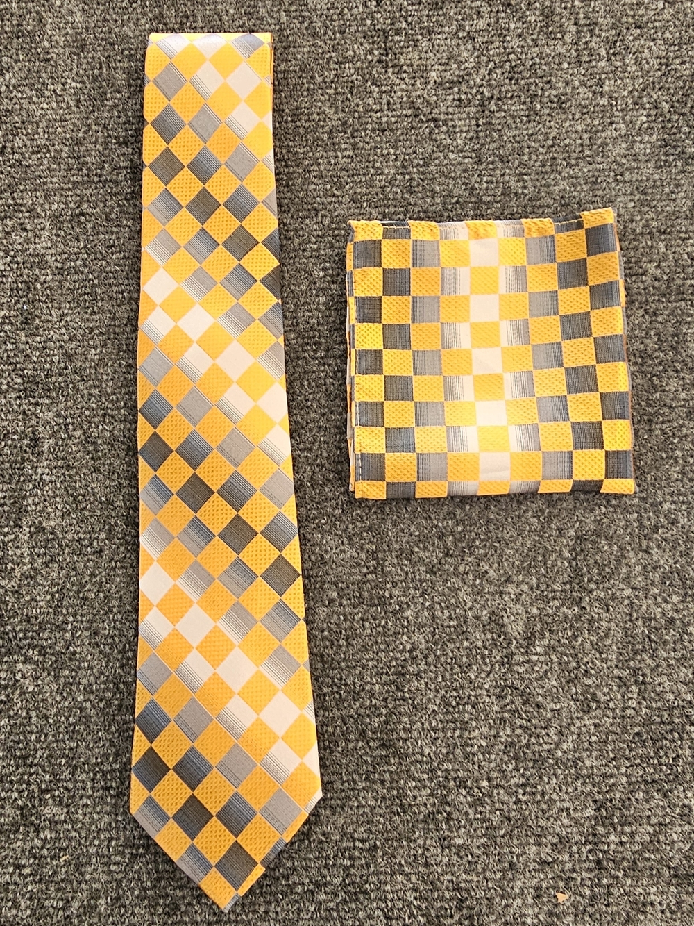 Men's Checked Orange and Gray Tie with Matching Pocket Square